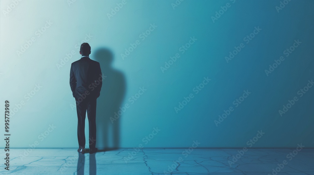 Fototapeta premium Businessman Standing Alone Against Blue Wall, Symbolizing Isolation and Contemplation in Corporate Life