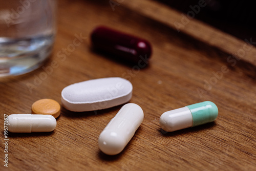 Close-up of capsules and water on wooden surface photo