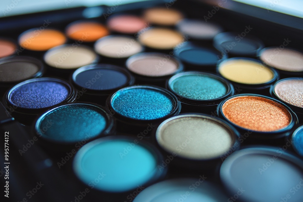 Professional makeup palette featuring deep teal orange and metallic shades showcasing bold eyeshadow options for dramatic beauty looks in high fashion makeup artistry Professional makeup palette featuring deep teal orange and metallic shades showcasing bold eyeshadow options for dramatic beauty looks in high fashion makeup artistry