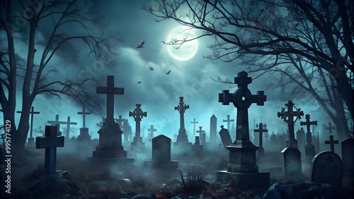 Cemetery with a darksynth vibe, the scene capturing the eerie and atmospheric nature of the graveyard under lights photo