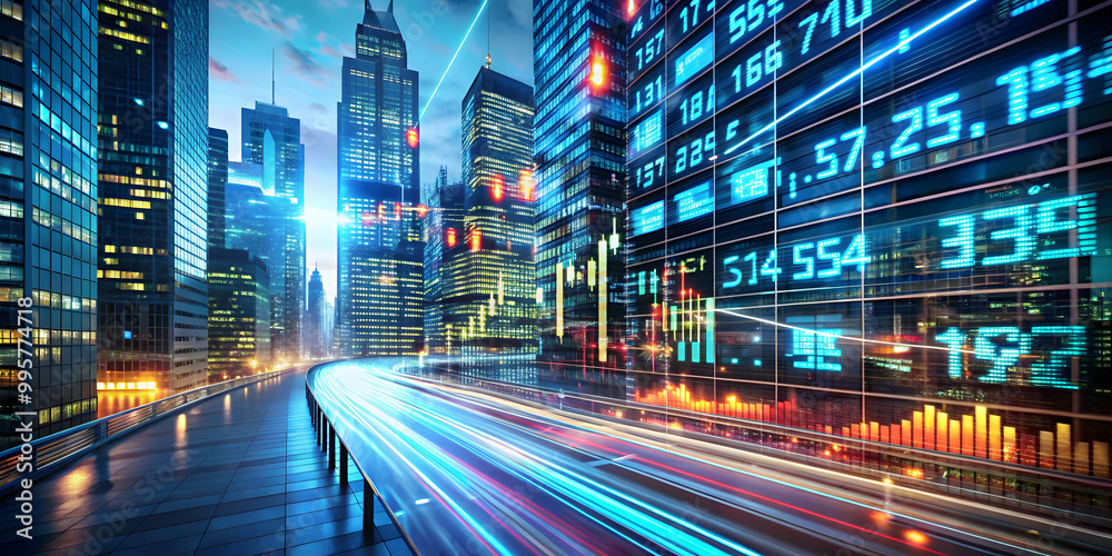 Fototapeta premium Global Finance at Night: Dynamic cityscape at night showcasing vibrant stock market data displayed on buildings, emphasizing the fast-paced world of global finance.