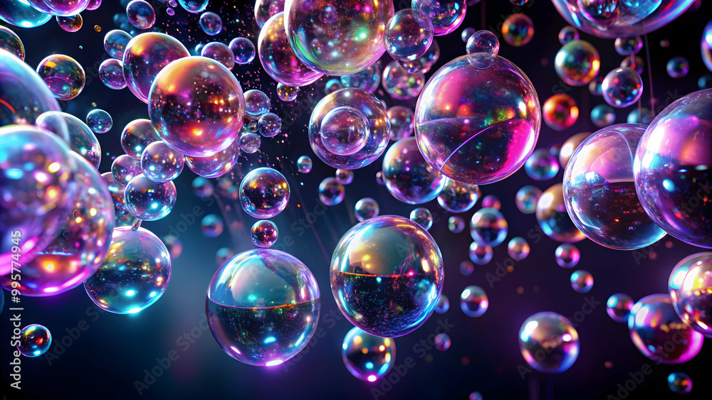 iridescent Bubbles Dance: A mesmerizing 3D render of vibrant, iridescent bubbles floating in a dark space, creating an ethereal and captivating scene. iridescent Bubbles Dance: A mesmerizing 3D render of vibrant, iridescent bubbles floating in a dark space, creating an ethereal and captivating scene.