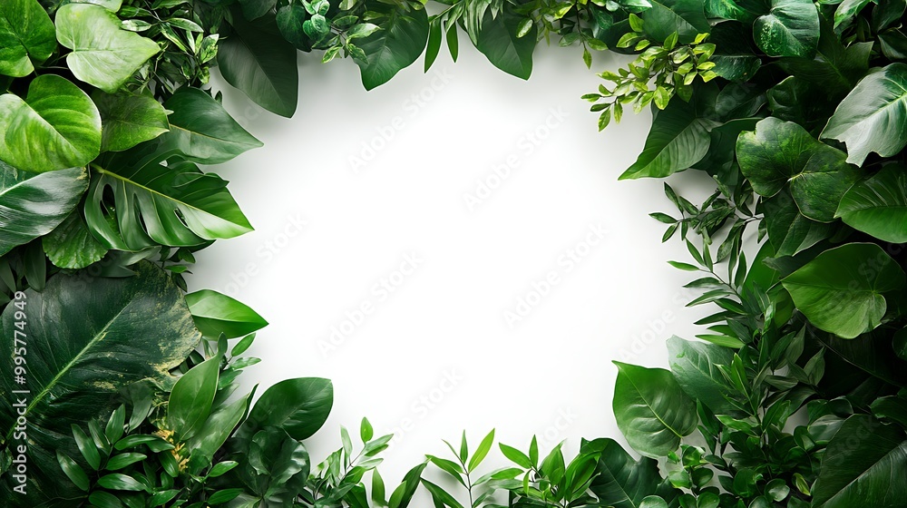 Naklejka premium Green Leaves Frame on White Background