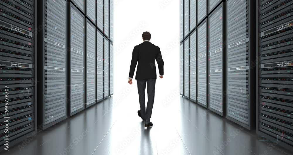 Computer Engineer in a Suit Carefully Inspecting Data Center Equipment. Digital Data Is Flowing. Technology And Business Related 3D Computer Animation. Computer Engineer in a Suit Carefully Inspecting Data Center Equipment. Digital Data Is Flowing. Technology And Business Related 3D Computer Animation.