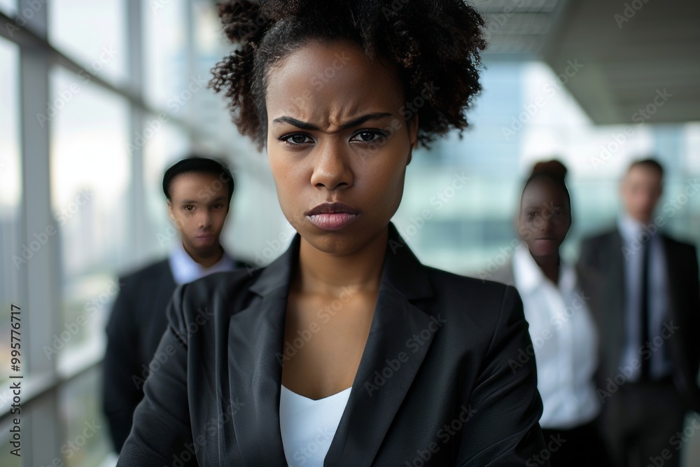 portrait of Black businesswoman and team. Angry, serious mood. Modern office and tower view background. , background blur portrait of Black businesswoman and team. Angry, serious mood. Modern office and tower view background. , background blur
