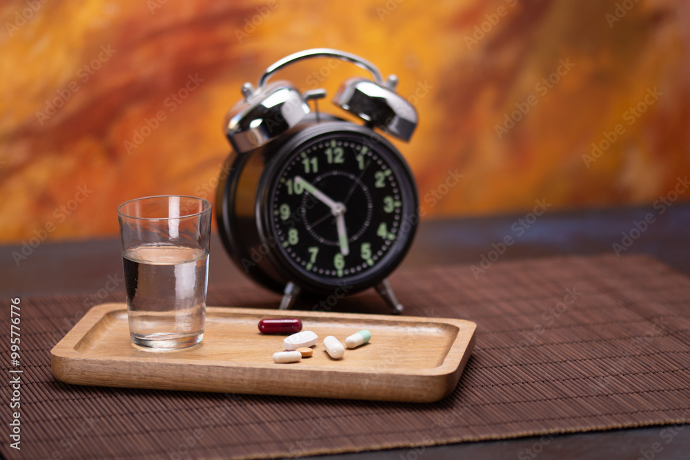 Medication and water on wooden tray with alarm clock background Medication and water on wooden tray with alarm clock background