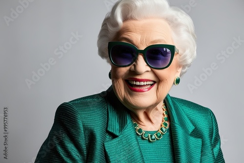 Charming Elderly Lady in a Stunning Emerald Fashion Ensemble with Stylish Sunglasses and Joyful Smile