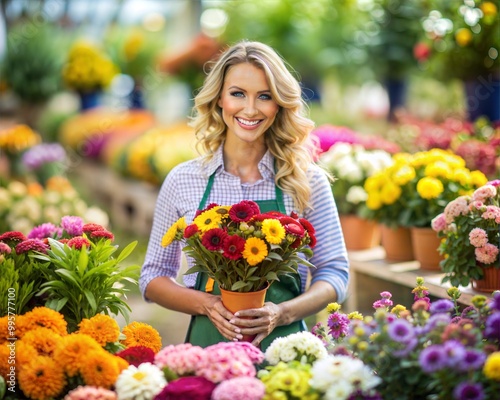 Smiling florist holding vibrant flowers at outdoor flower market