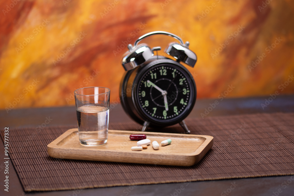 Glass of water and medication with alarm clock on wooden surface Glass of water and medication with alarm clock on wooden surface