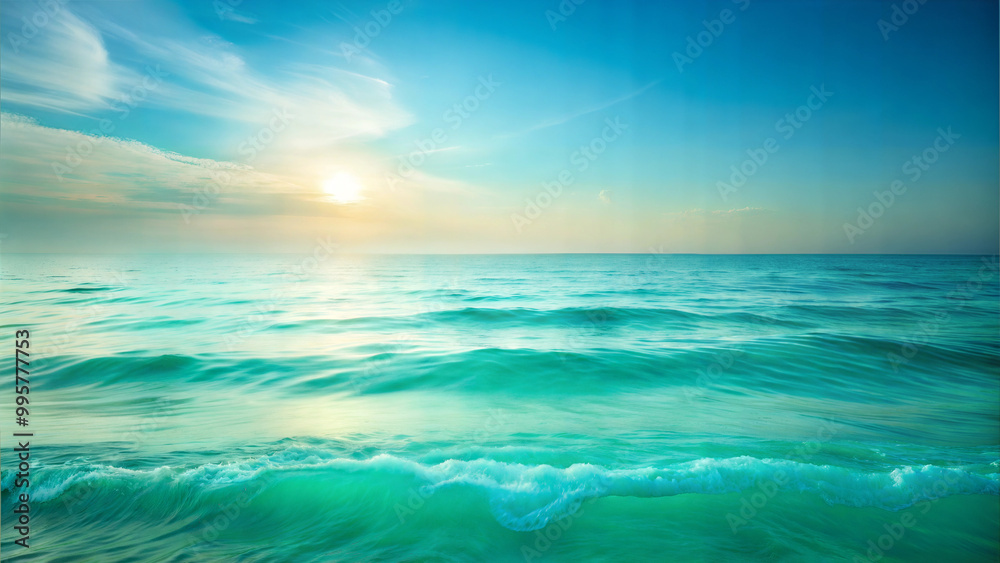 Serene ocean view with gentle waves under a bright blue sky at sunset for travel and nature concepts Serene ocean view with gentle waves under a bright blue sky at sunset for travel and nature concepts