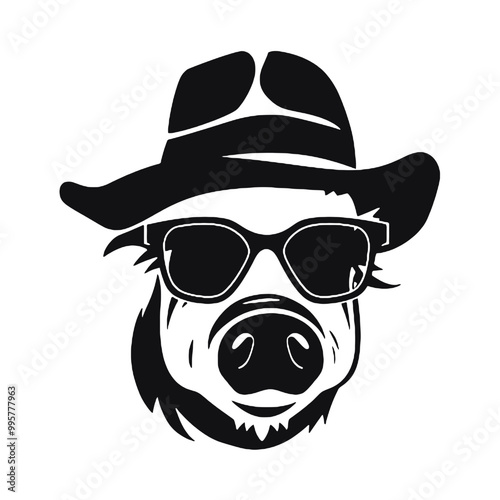  Pig with Sunglasses and hat ,vector illustration transparent background 