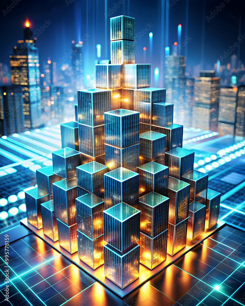 Cyber City Skyline: A towering structure of glowing cubes, representing technological advancement and urban development, rises above a futuristic cityscape.