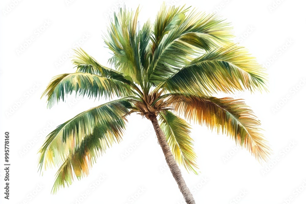 Palm tree with vibrant green leaves on a white isolated background. Palm tree with vibrant green leaves on a white isolated background.