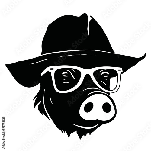 A black and white funny pig with glasses and a hip hop cap. Vector illustration.