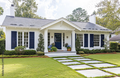 A classic white bungalow with navy blue shutters, set in an elegant suburban neighborhood, surrounded by lush green grass and trees.