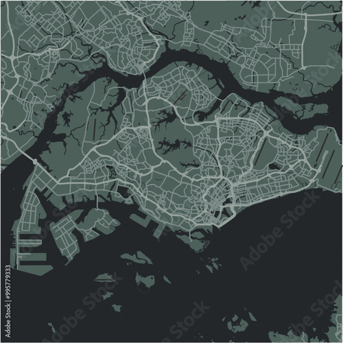 Map of Singapore in Singapore in a smooth dark style. Contains layered vector with roads water, parks, etc.