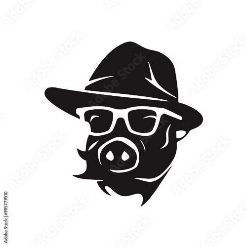 A black and white funny pig with glasses and a hip hop cap. Vector illustration.