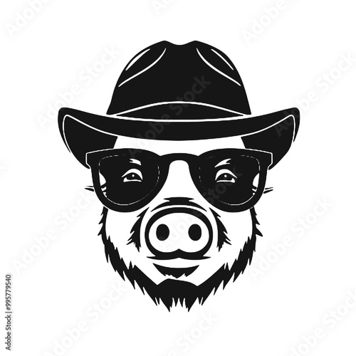 A black and white funny pig with glasses and a hip hop cap. Vector illustration.