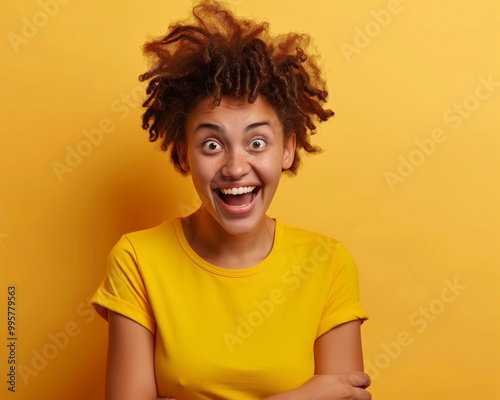 Excited Young Woman in Yellow T-Shirt on Vibrant Yellow Background