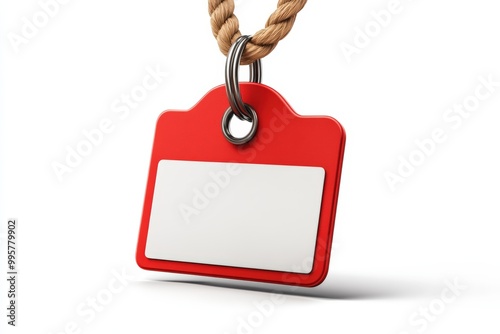 Red tag with rope, white background for branding or labeling purposes.