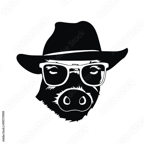 A black and white funny pig with glasses and a hip hop cap. Vector illustration.