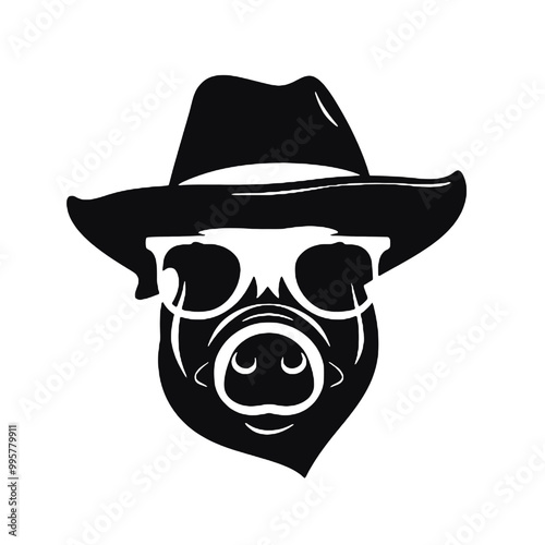 A black and white funny pig with glasses and a hip hop cap. Vector illustration.