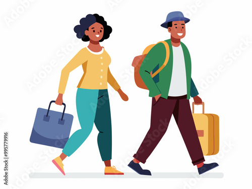 Travel people character with suitcase in trip vector. Young black man and woman person in tour or airplane journey isolated png design set. African human passenger walking with luggage
