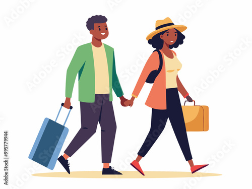 Travel people character with suitcase in trip vector. Young black man and woman person in tour or airplane journey isolated png design set. African human passenger walking with luggage
