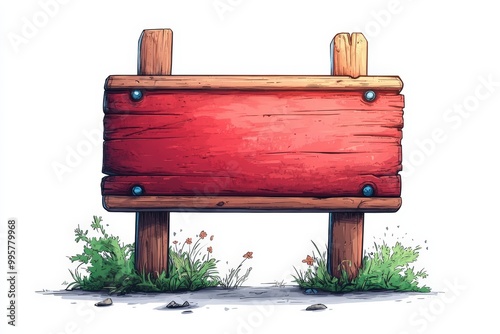Red wooden sign with grass at the base, isolated on white background.