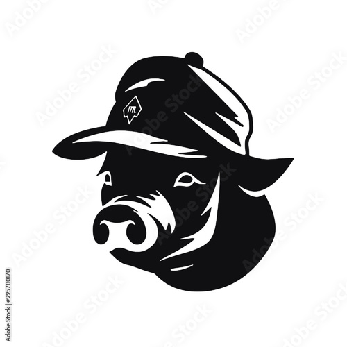 A black and white funny pig with glasses and a hip hop cap. Vector illustration.