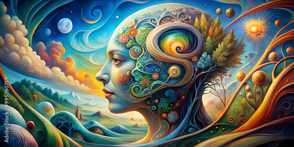 Psychedelic Mind: A surreal portrait of a woman's face adorned with vibrant floral patterns and organic textures, a captivating blend of nature and imagination. The backdrop, a mesmerizing landscape. Psychedelic Mind: A surreal portrait of a woman's face adorned with vibrant floral patterns and organic textures, a captivating blend of nature and imagination. The backdrop, a mesmerizing landscape.