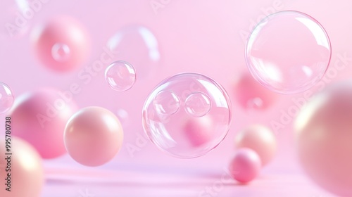 Soft pastel background with floating bubbles and spheres, creating a dreamy effect.