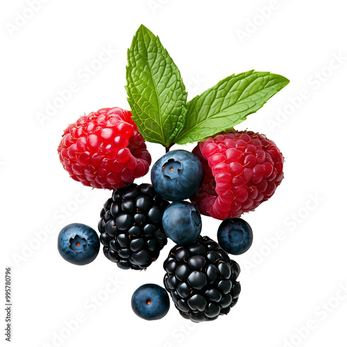 Sweet Ripe Berries Mixed on Isolated Transparent Background, Blue Berries, Raspberries, Black Berries, with Green Mint Leaf