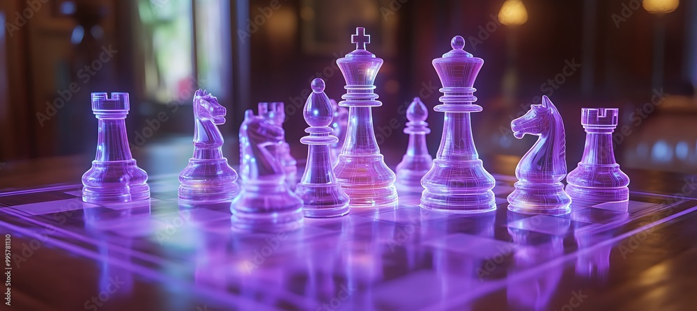A holographic chess game with pieces floating above the board A holographic chess game with pieces floating above the board