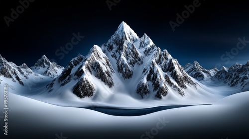 Majestic Mountain Peak: A snow-capped mountain stands tall against a dark sky, its summit reflecting the faintest glimmer of light. A frozen lake lies at its base. photo