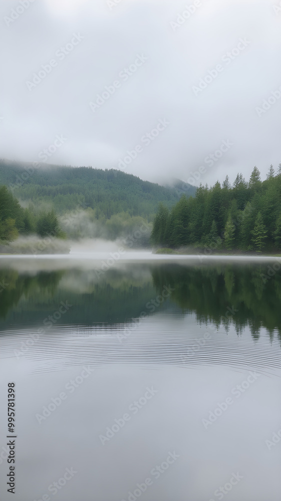 Fototapeta premium Serene Morning Reflections in a Misty Forest Lake
