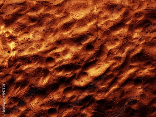Rocky surface of a desert planet, orbital image. Surface of Mars with craters.