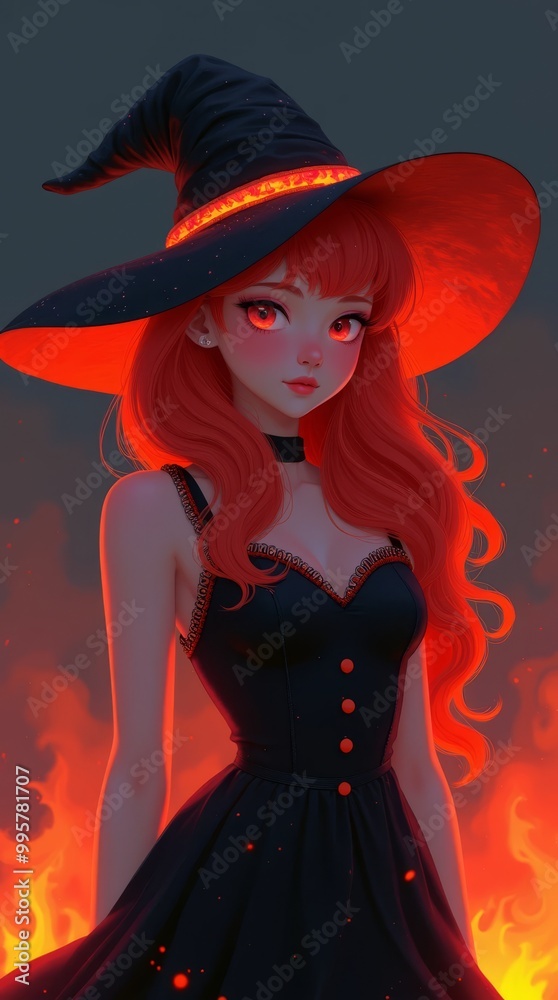 anime portrait of a fire witch in a black dress with red hair and a black hat with an orange stripe, flame, lava, dark fantasy, design for Halloween anime portrait of a fire witch in a black dress with red hair and a black hat with an orange stripe, flame, lava, dark fantasy, design for Halloween
