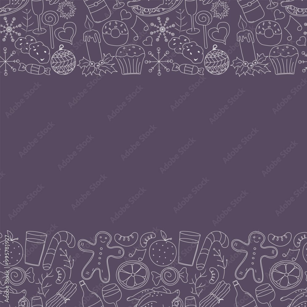 Seamless christmas frame. New year background. Doodle illustration with christmas and new year icons Seamless christmas frame. New year background. Doodle illustration with christmas and new year icons