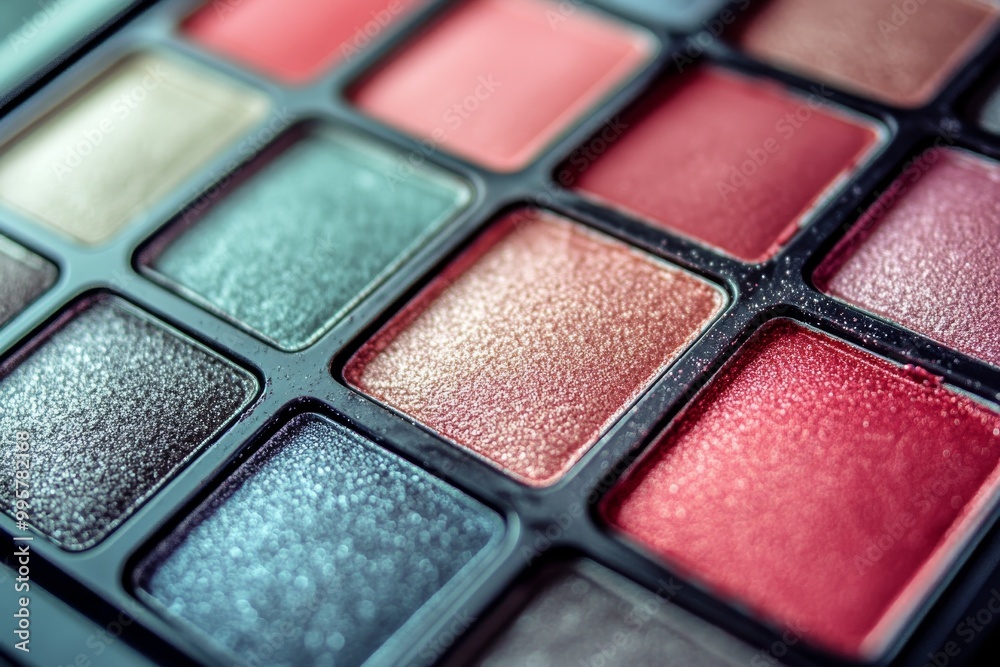 Professional eyeshadow palette featuring a range of shimmer and matte shades in red pink and green tones offering bold color options for creative makeup looks Professional eyeshadow palette featuring a range of shimmer and matte shades in red pink and green tones offering bold color options for creative makeup looks