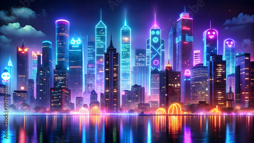 Wallpaper Mural Neon Cityscape: A mesmerizing digital art piece depicting a vibrant cityscape bathed in a kaleidoscope of neon lights, reflecting on the water below. Torontodigital.ca