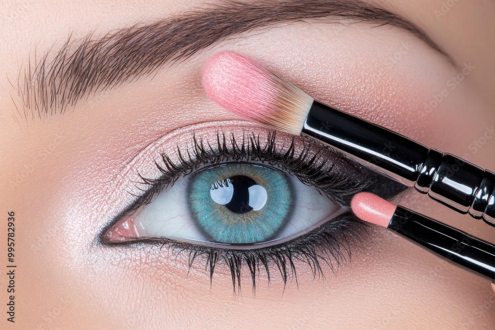 Naklejka premium Close up of soft pink eyeshadow applied to an eyelid with a precision makeup brush perfect for creating a subtle romantic beauty look in professional photo shoots