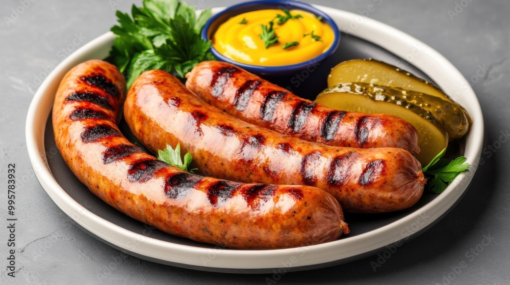 Grilled sausages served on a plate with mustard and pickles, appetizing presentation. Grilled sausages served on a plate with mustard and pickles, appetizing presentation.
