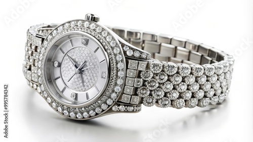 Wristwatch adorned with numerous diamonds is laying on a white background and sparkling