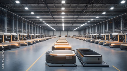 A large, open logistics center with rows of electric vehicles neatly lined up for charging. The warehouse is expansive, with high ceilings and industrial lighting casting a soft glow over the scene. R