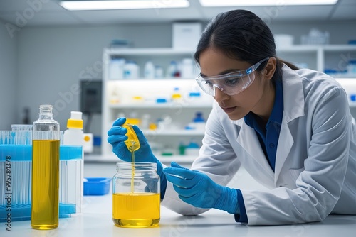 Biologist in Experimental Lab Investigating Yellow Solution in Jar for Drug Development and Pharmaceutical Research