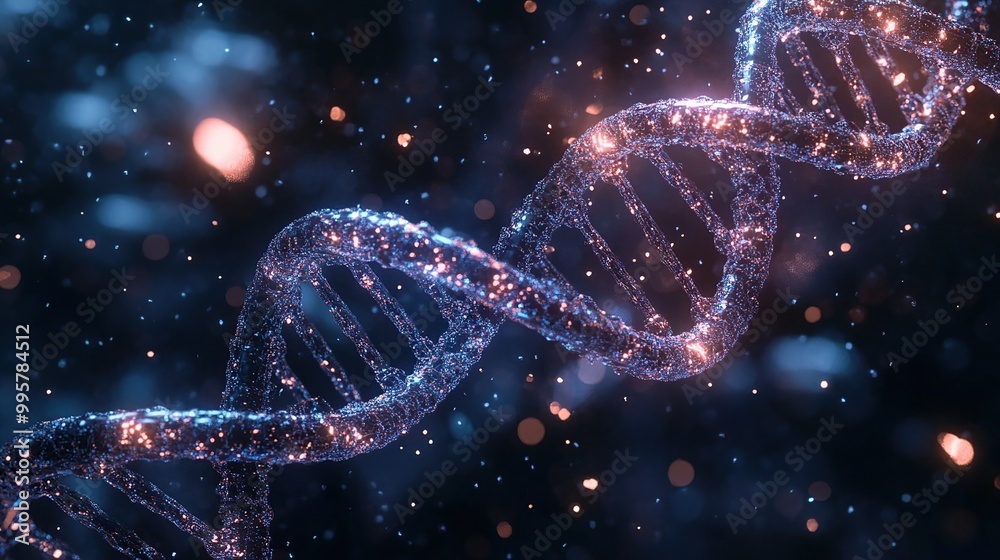 A close-up view of a DNA double helix structure in a cosmic background. A close-up view of a DNA double helix structure in a cosmic background.