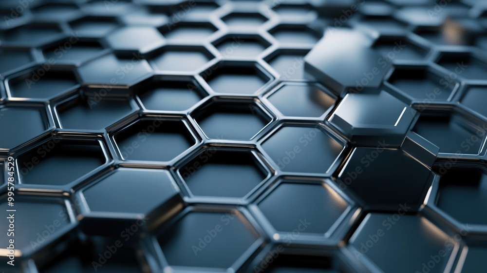 A close-up view of interconnected hexagonal shapes in a metallic texture. A close-up view of interconnected hexagonal shapes in a metallic texture.