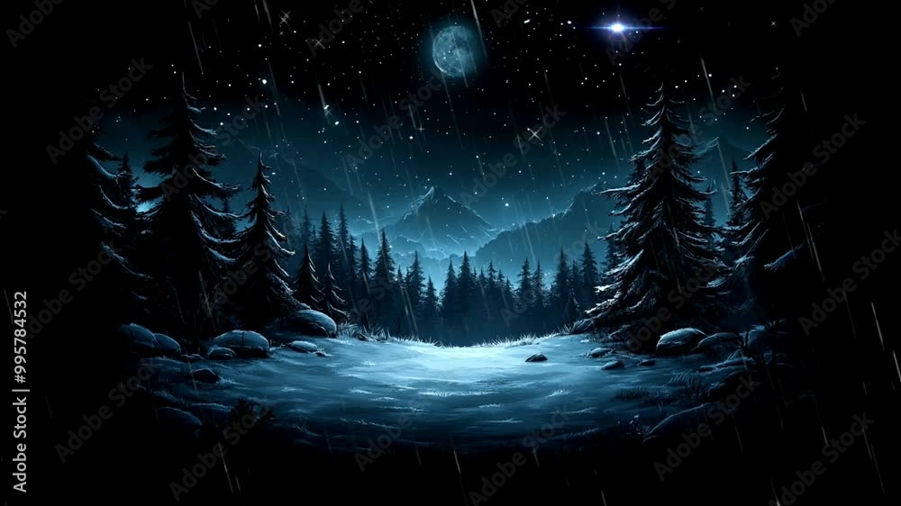 A serene night landscape with a moonlit scene, snow, and tall pine trees under a starry sky. A serene night landscape with a moonlit scene, snow, and tall pine trees under a starry sky.
