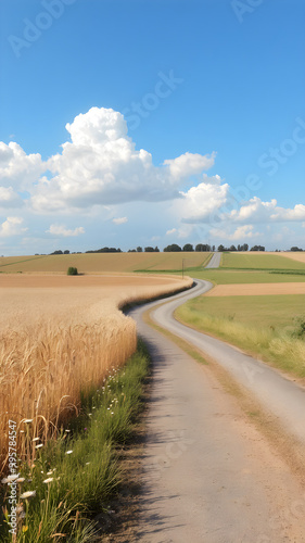 Scenic Winding Country Road Through Beautiful Fields